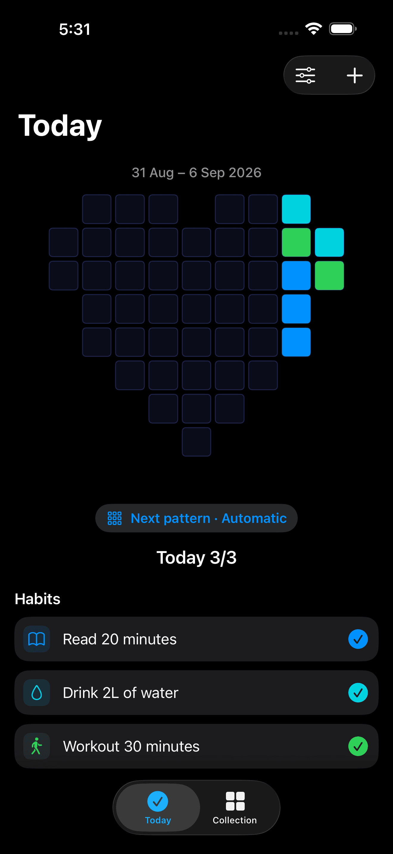 Blocksy Today screen showing a weekly block figure and three completed habits